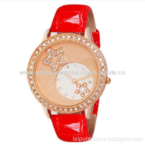 2014 Crystal and Star Decorated Women's Round Jewelry Quartz Watch with Faux Leather Strap (Orange)